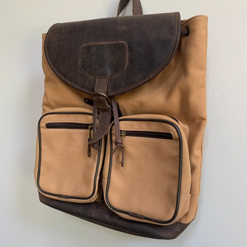 Canyon Outback VTG Leather Canvas Backpack Cinch Buckle Brown Tan Classic 90s - Picture 2 of 12